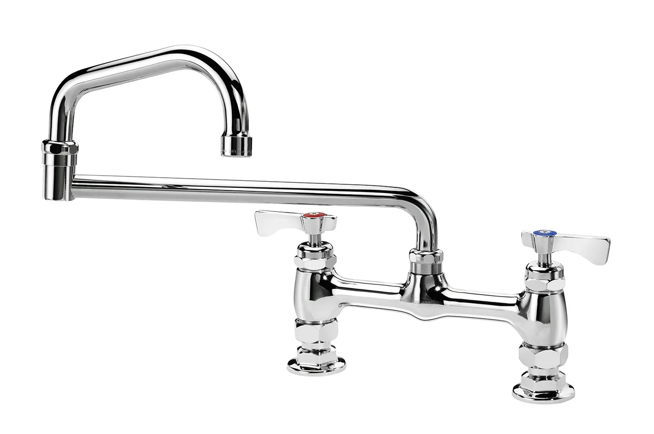 Krowne 15-818L Royal Series Double-Jointed Deck Mount Faucet w/ 8" Centers, 18" Swing Spout