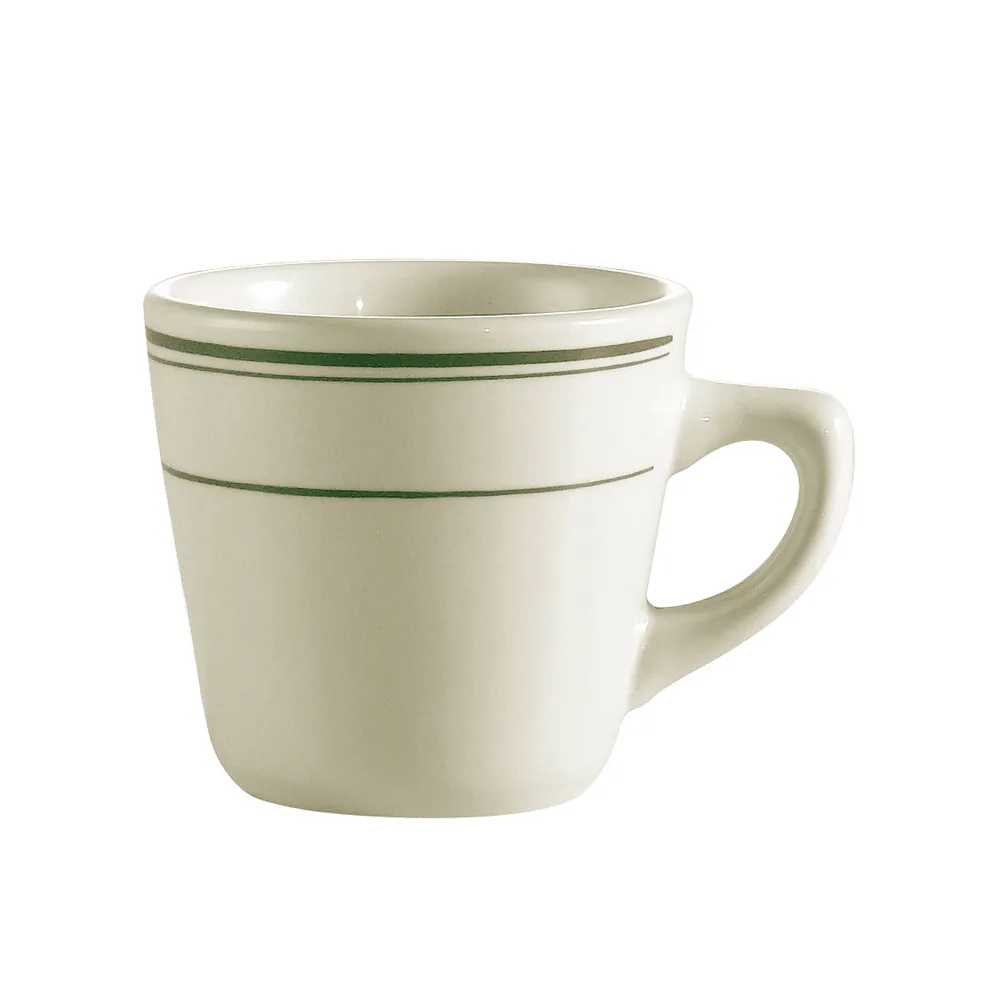 CAC China GS-1 Greenbrier Coffee Cup, 7 oz (3½" Dia x 3" H) Stoneware, Green Band/White - 1 Dozen