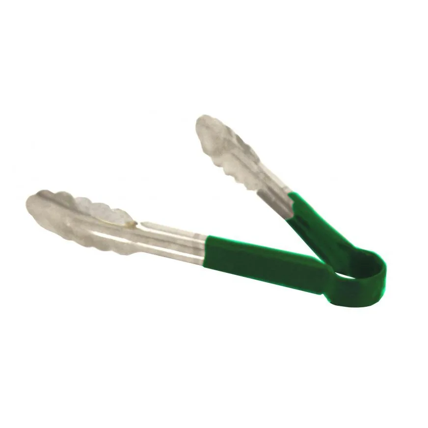 Omcan USA 80539 Utility Tongs – 9" Stainless Steel with Green Plastic Coated Handle, Gripping Tool