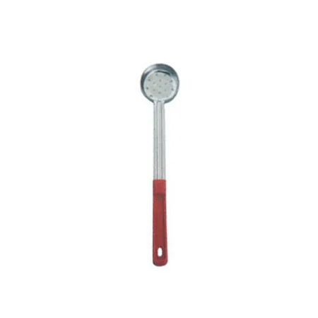 Omcan USA 80782 - 2 Oz One-Piece Stainless Steel Perforated Portion Control Spoon with Red Handle