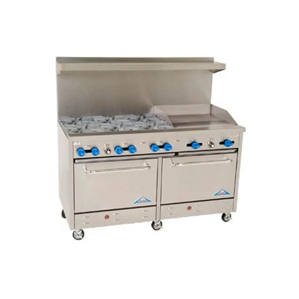 Comstock-Castle F3218-12B 48" Gas Restaurant Range w/ (6) Open Burners, 12" Raised Griddle, (2) Space Saver Ovens, 234.000 BTU