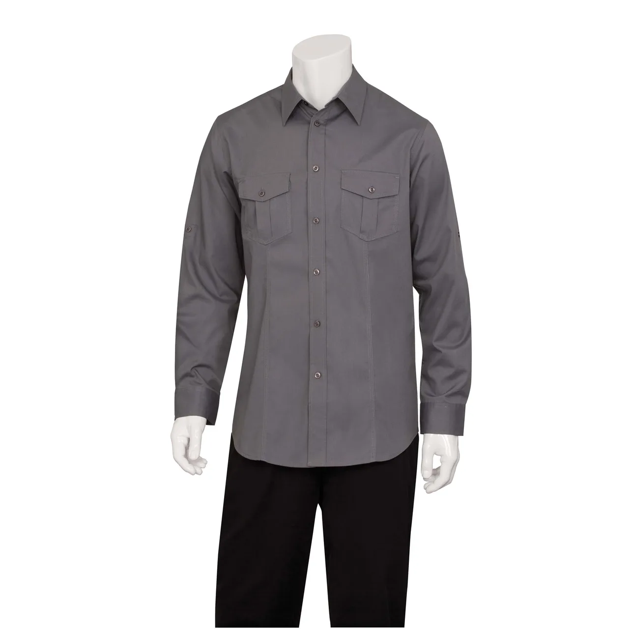 Chef Works DPDS-GRY-L Men's Pilot Shirt, Large, Gray, Poly/Cotton/Elastane, Roll-up Long Sleeves
