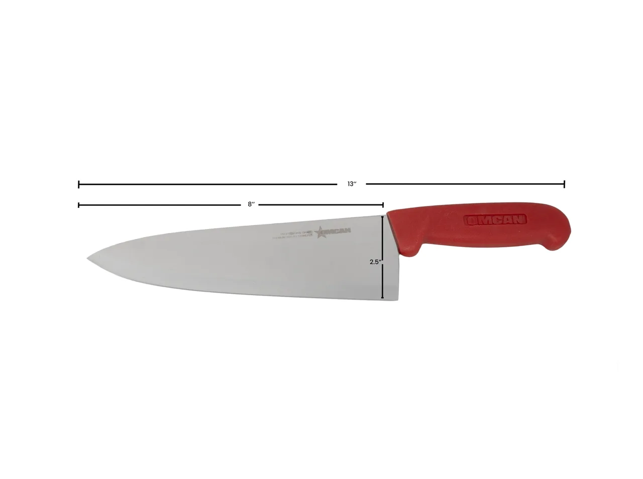 Omcan USA 12008 Chef Knife - 8" Stamped Blade, Steel, Red Polypropylene Handle, 7-9" Length