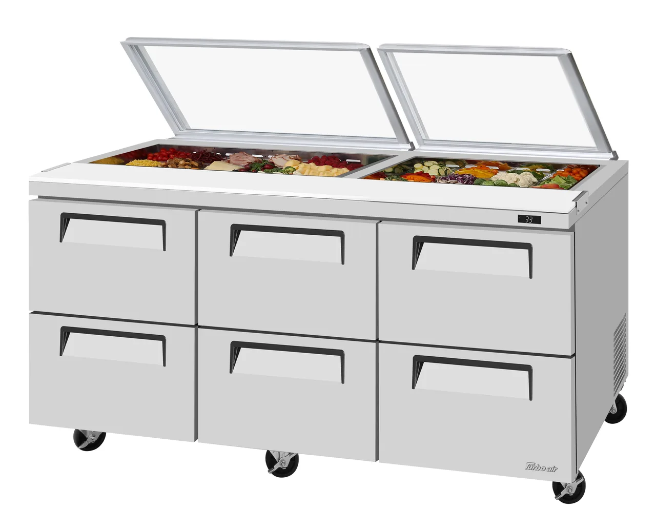 Turbo Air TST-72SD-D6-N-GL 72" 3-Section Sandwich and Salad Prep Table, 6-Drawer, 19 cu. ft., Stainless Steel