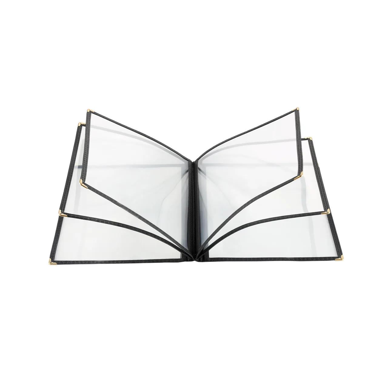 CAC China MCP6-911BK Menu Cover, 4-Pocket Vinyl Booklet, 8-1/2" x 11", Letter Insert, Brass Corners