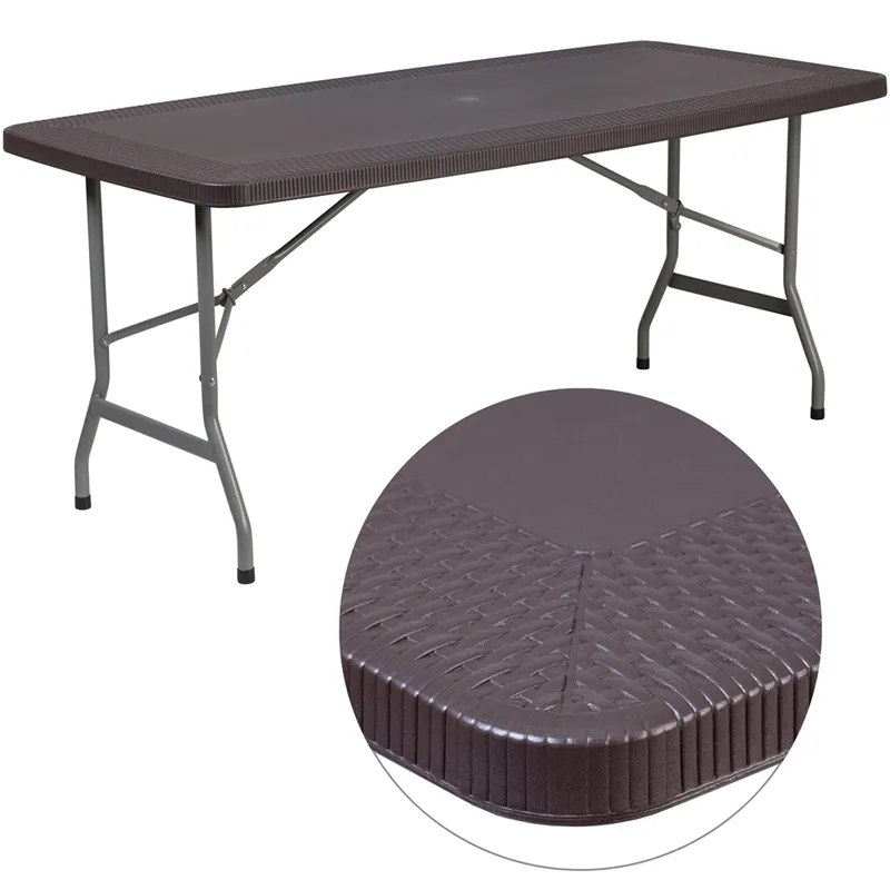 Flash Furniture DAD-YCZ-172-GG Folding Table, 67-1/2"W x 32-1/2"D x 28-3/4"H, Brown Plastic Rattan Edge, 330 lbs, Rectangular, Indoor/Outdoor