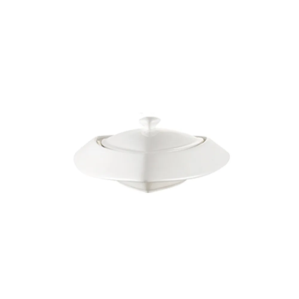 CAC China TR-B8 Triangular 10‑Oz Porcelain Bowl with Cover, 8" Diameter, Dishwasher Safe - 1/Set