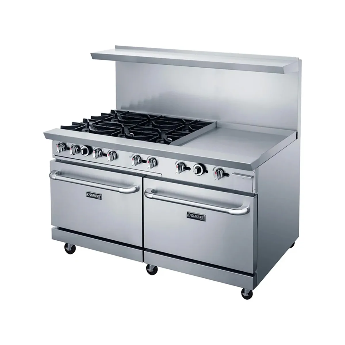 Dukers Appliance Co DCR60-6B24GM 60" Gas Restaurant Range, 6 Open Burners, 24" Griddle, (2) Standard Ovens, 324.000 BTU 