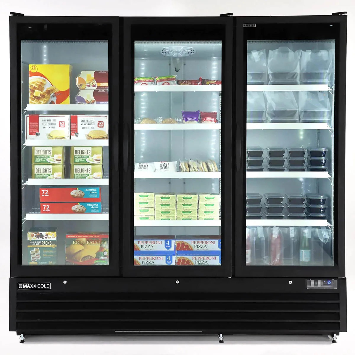 Maxx Cold MXGDM-73FBHC 73 cu ft Glass Door Merchandiser, Black, 3‑Section, 1‑1/4 HP Compressor