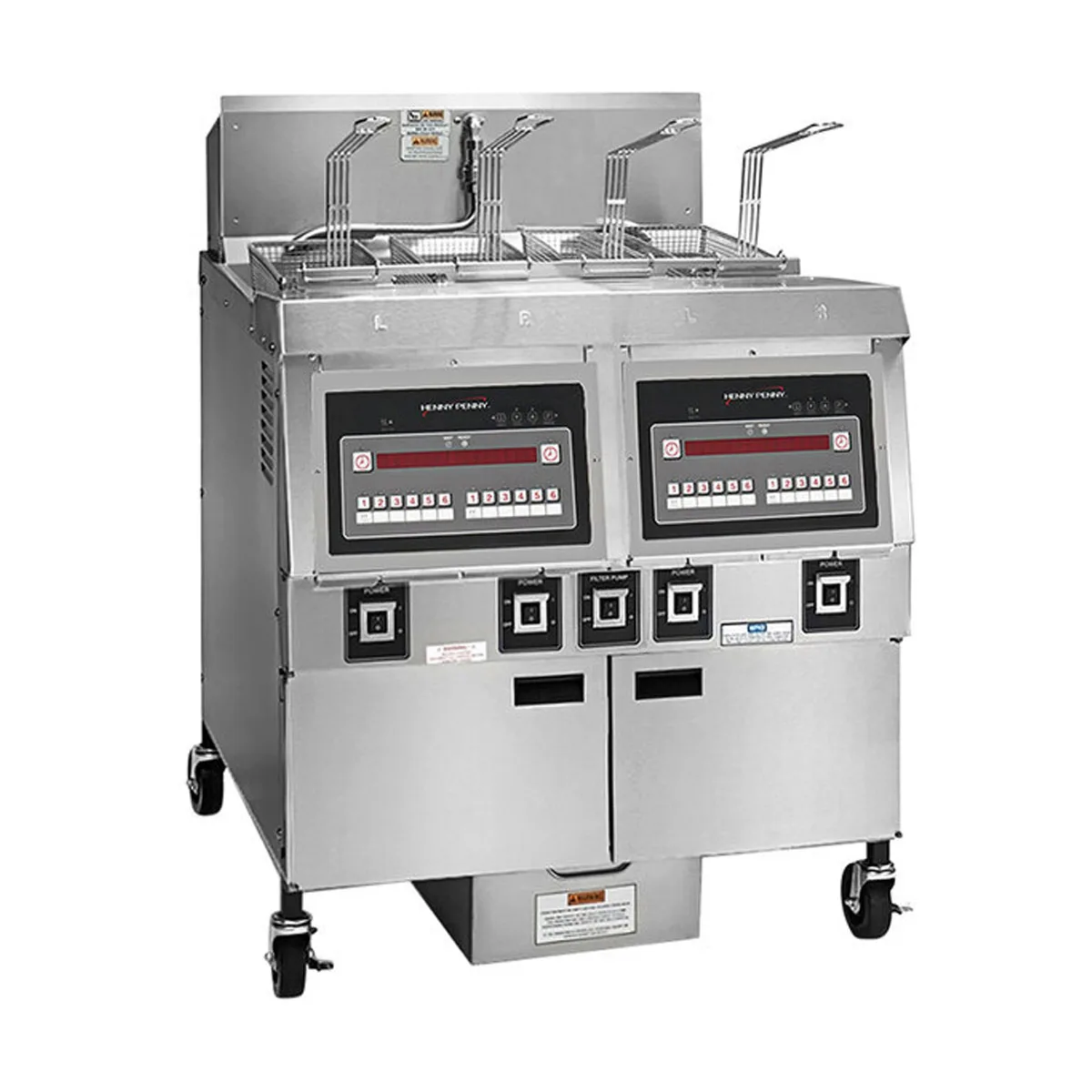 Henny Penny OFG322.08 Multiple Battery LP Gas Fryer w/ (2) 65 lbs Frypots, Built-In Filtration, Computron™ 8000