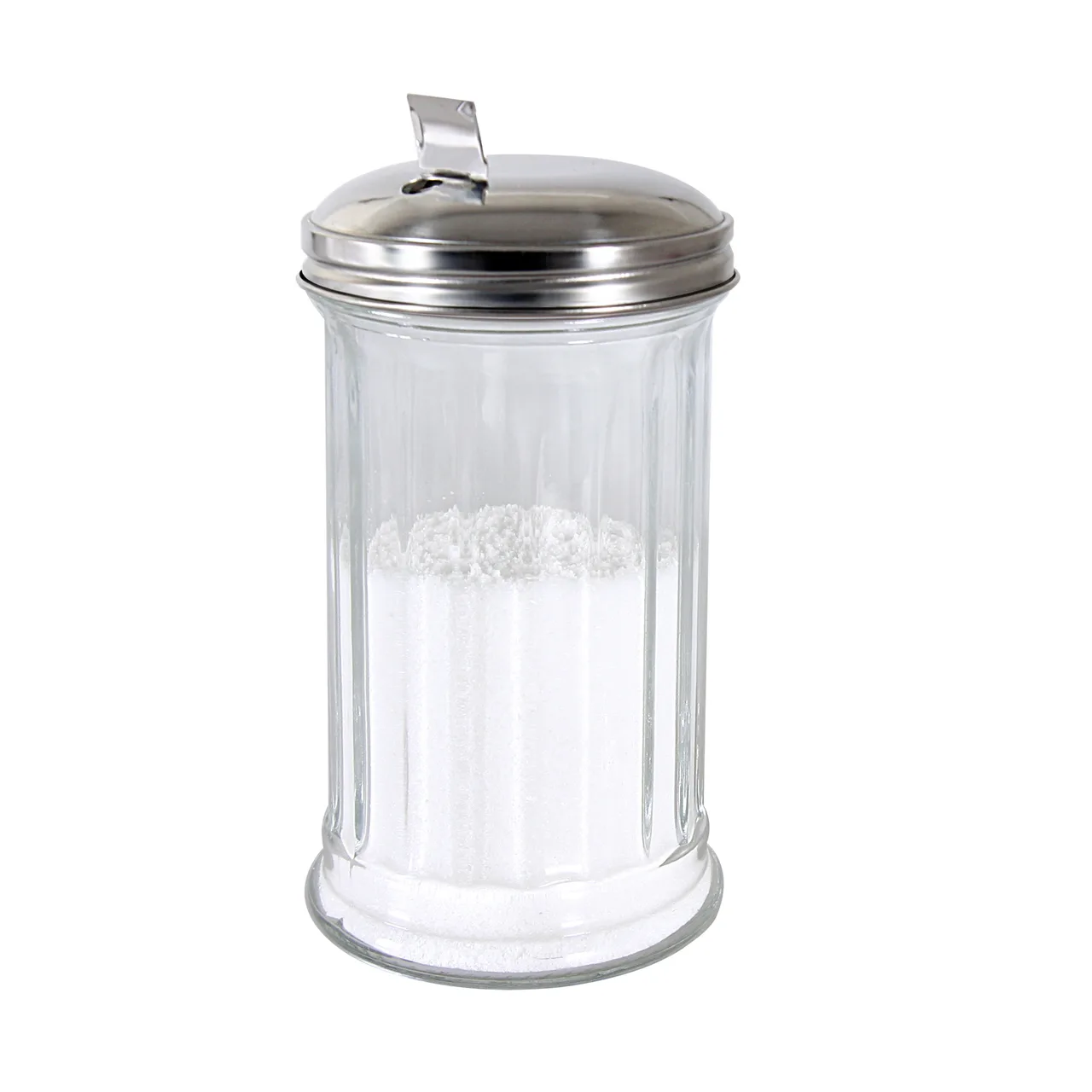 CAC China G2SP-12F Sugar Pourer Shaker, 12 oz Glass with Stainless Steel Flat Top - 1 Dozen