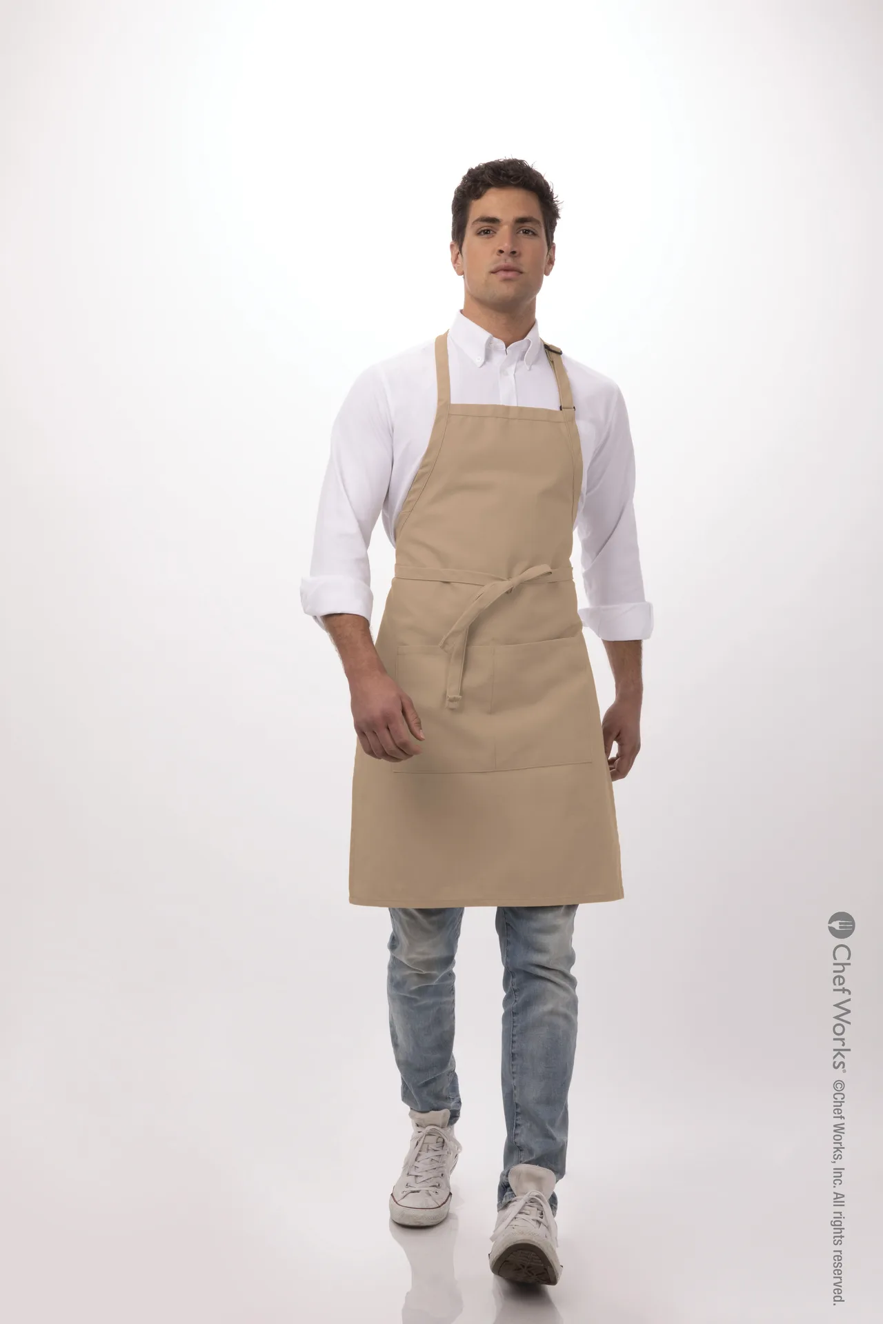 Chef Works F8-KHA-0 Bib Apron, 34"L x 24"W, Neck Buckle, Patch Pocket, 65/35 Poly/Cotton, Khaki