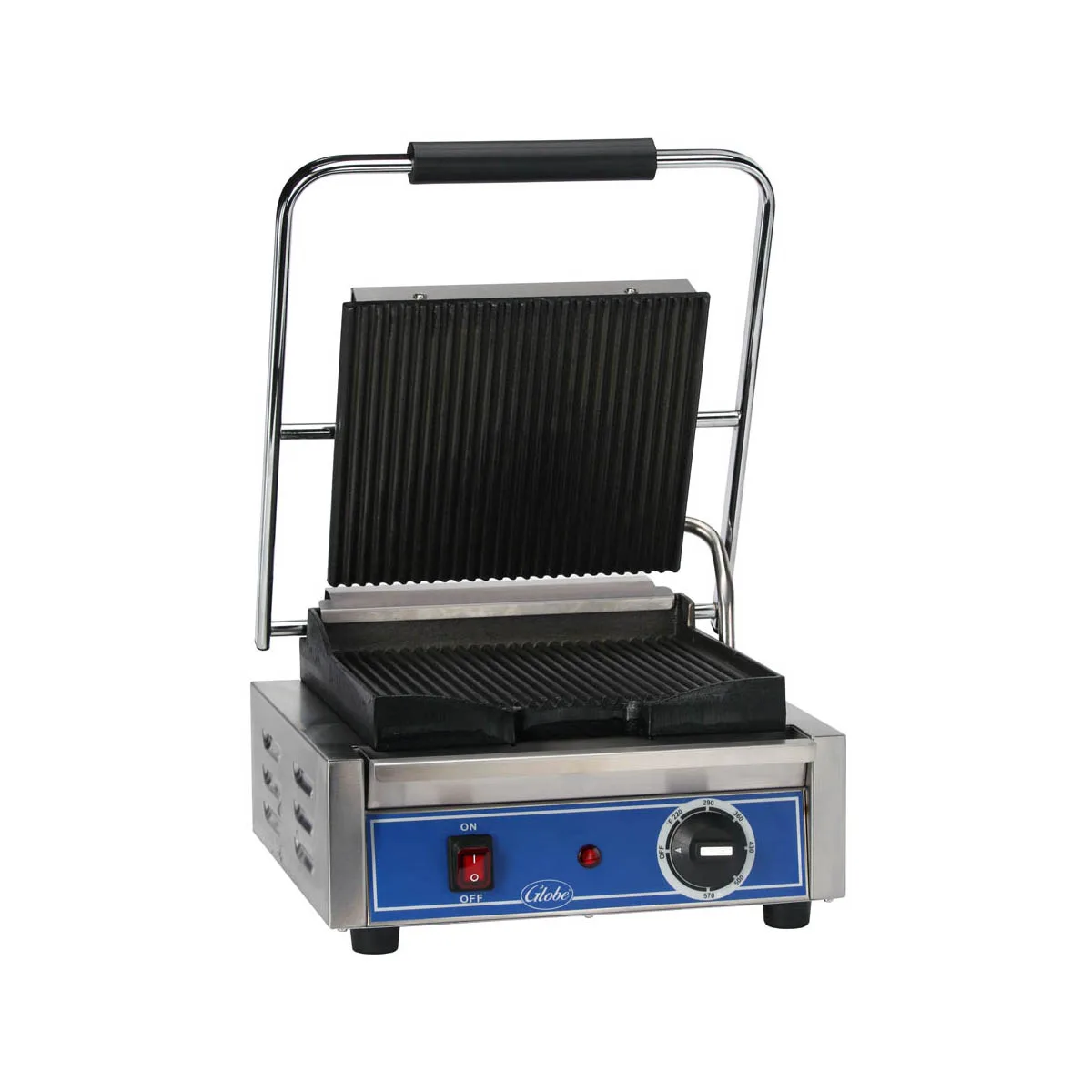 Globe GPG10 13" Bistro Sandwich Panini Grill w/ Cast Iron Grooved Plates, 10" x 9.5" Surface, 120V