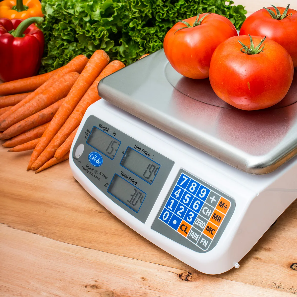 Globe GLS30 - 30 lb 0.01 lb Legal Trade Scale, 8"x10" Stainless Steel Platform, LCD, Auto Tare, 40‑Item Memory