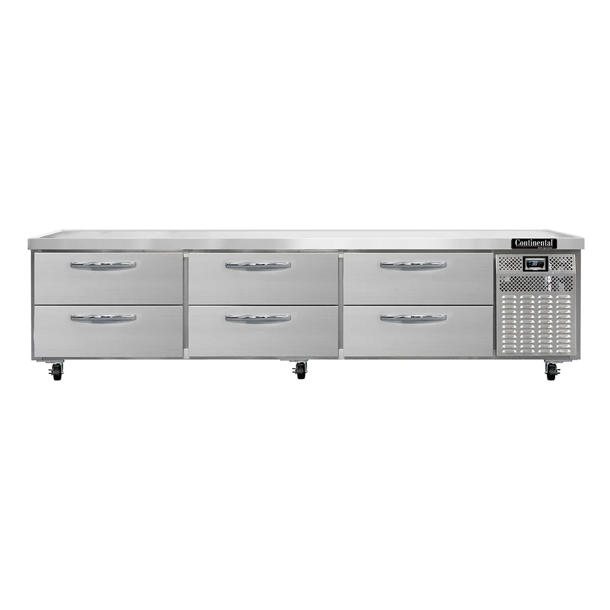 Continental Refrigerator D108GN 108" 6 Drawers Refrigerated Chef Base w/ Marine Edge, Griddle Stand