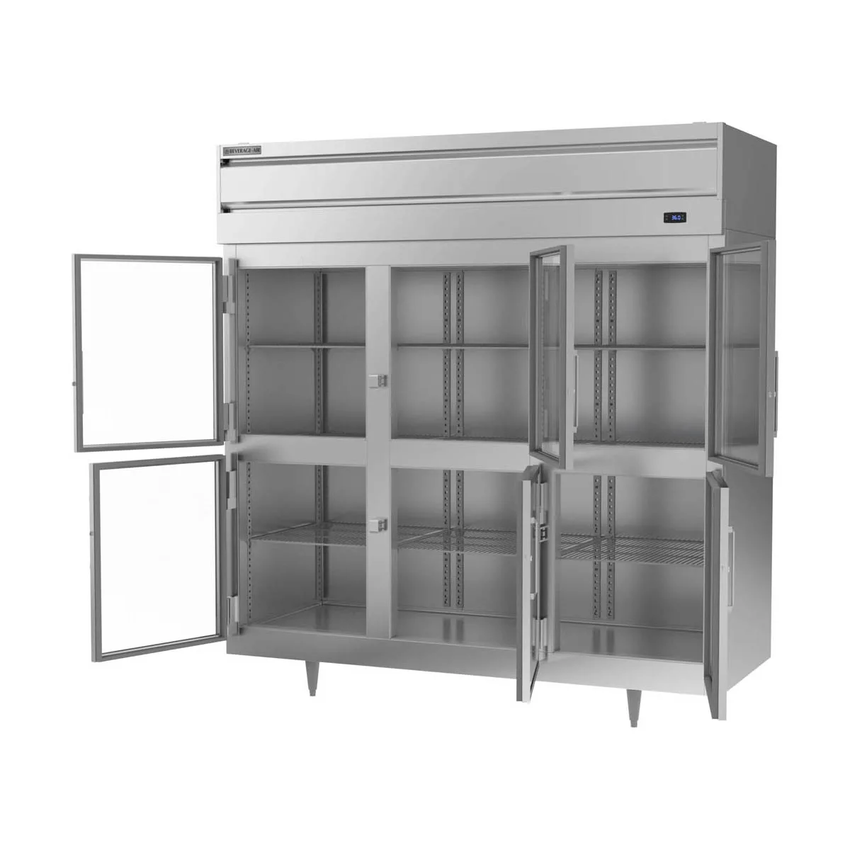 Beverage Air PR3HC-1BHG 77.75'' 3-Section Reach-In Refrigerator w/ 6 Glass Half Doors, Top Mounted, Aluminum Interior, 68 cu. ft.