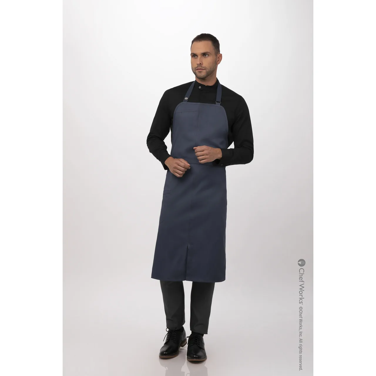 Chef Works ACN01-BLU-0 Bib Apron, 40"L x 43"W, Elastic Neck Strap, Pocket, Blue, 65/35 Poly/Cotton