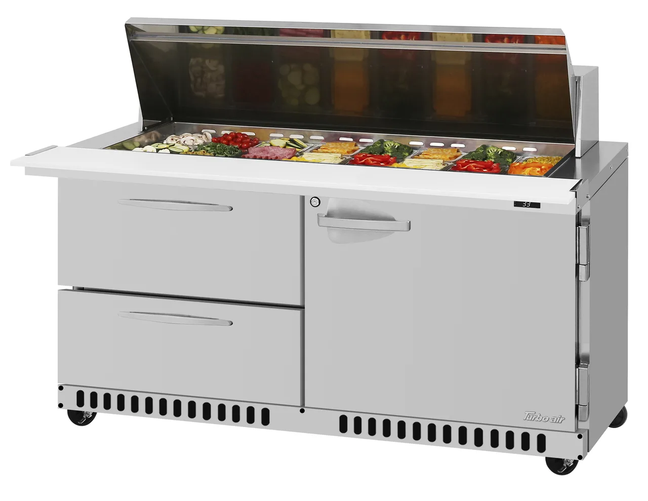 Turbo Air PST-60-24-D2R(L)-FB-N 60" Mega Top Sandwich and Salad Prep Table w/ 1 Door & 2 Drawers, 24 Pans