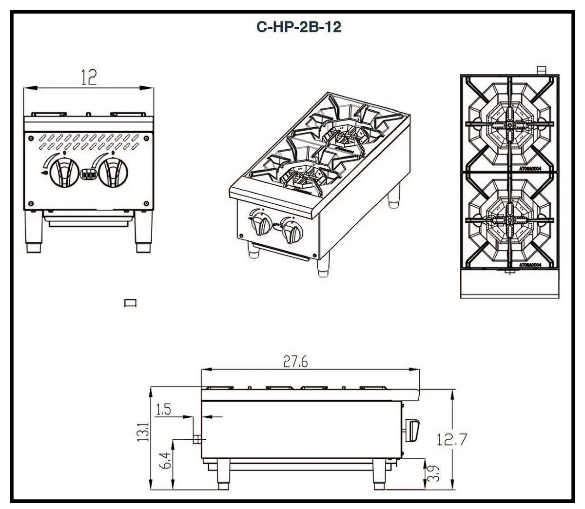 Migali C-HP-2B-12 12" Countertop Gas Hotplate w/ (2) Burners, Manual Controls, 50.000 BTU