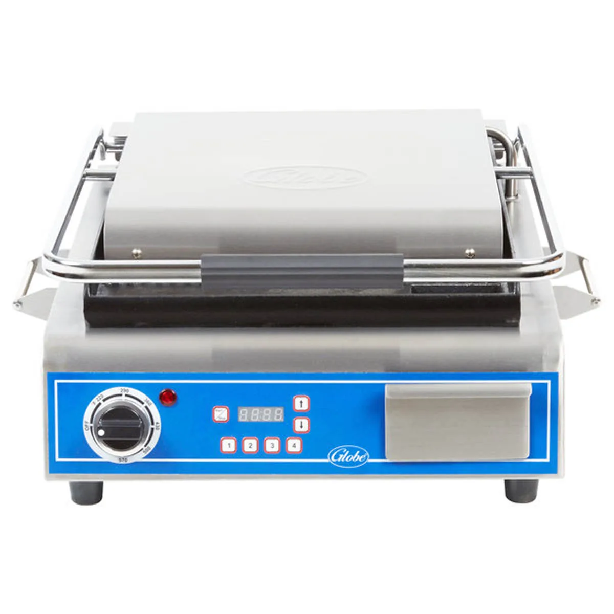 Globe GPG14D 22" Sandwich Panini Grill w/ Timer, 14" x 14" Grooved Plates, 120V