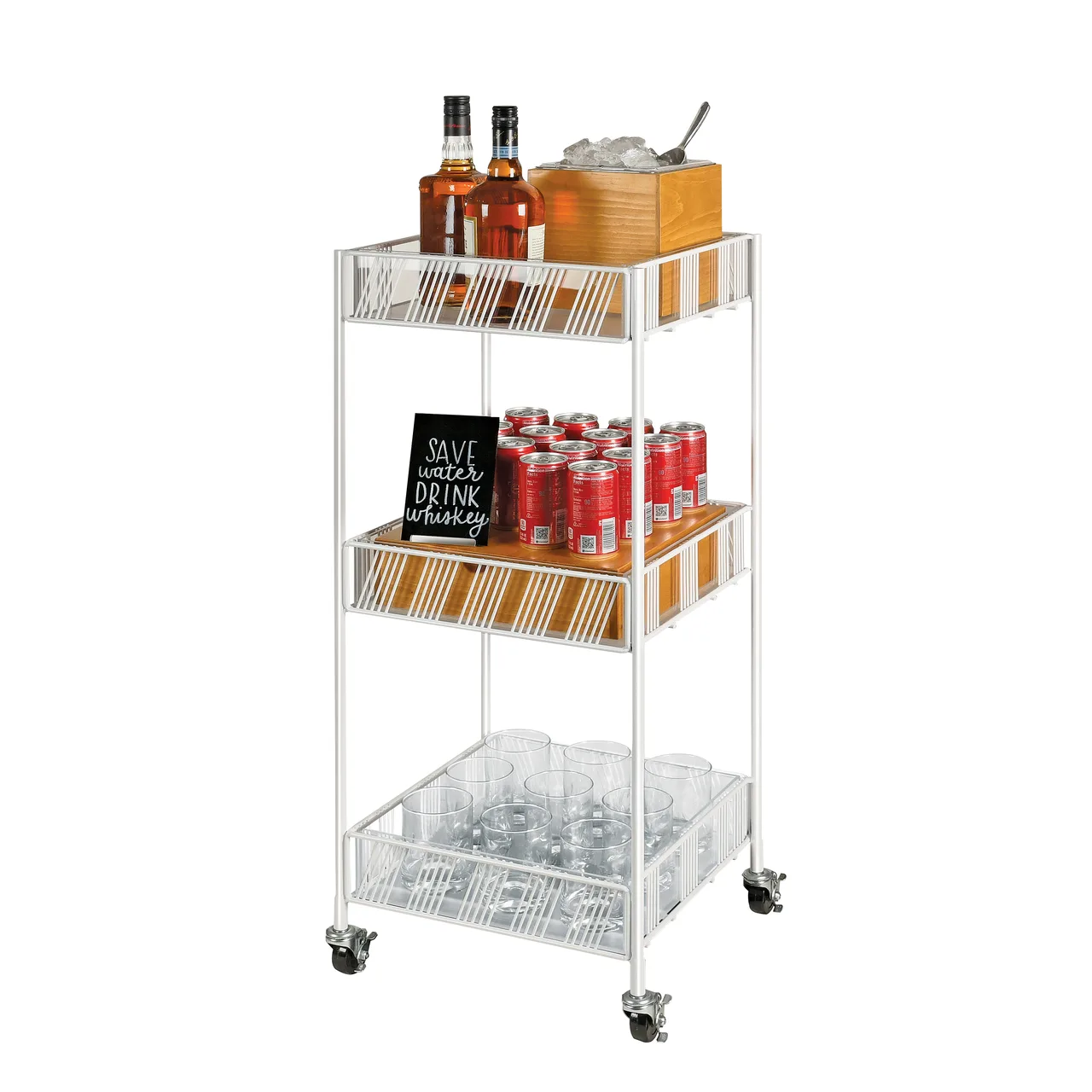 Cal-Mil 4111-15 Merchandising Cart, 15"W x 14"D x 35"H, 3-Tier, Epoxy Coated White, Locking Casters