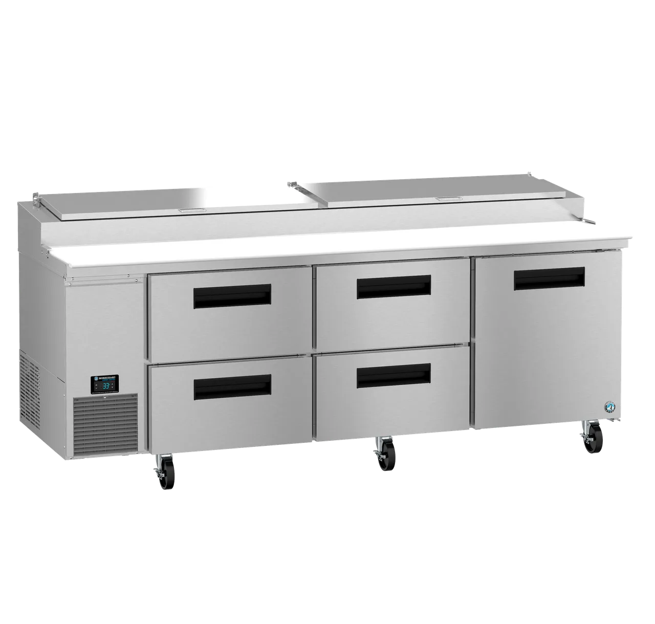 Hoshizaki PR93B-D4 93" 3-Section Refrigerated Pizza Prep Table w/ 1 Door & 4 Drawers