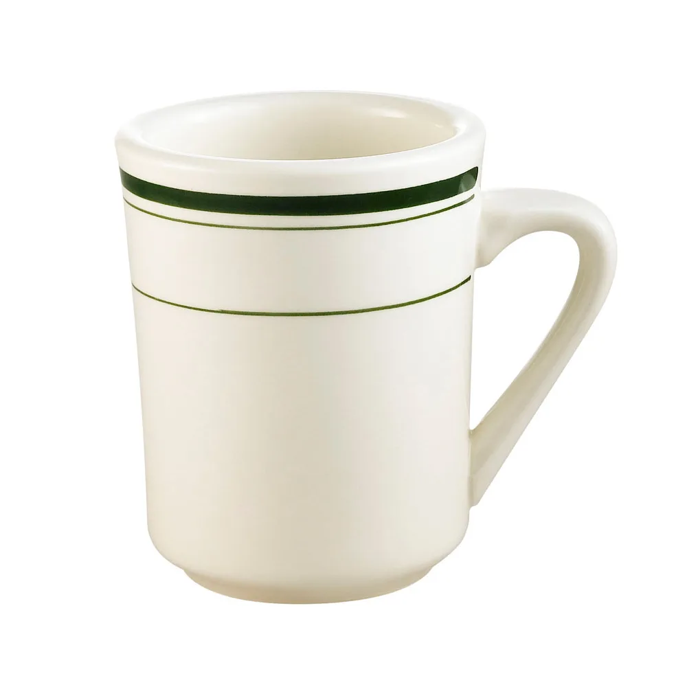CAC China GS-17 Greenbrier Ventura 8‑oz Mug, 3.125" Dia x 4" H, Ceramic, Green Band/White - 1 Dozen