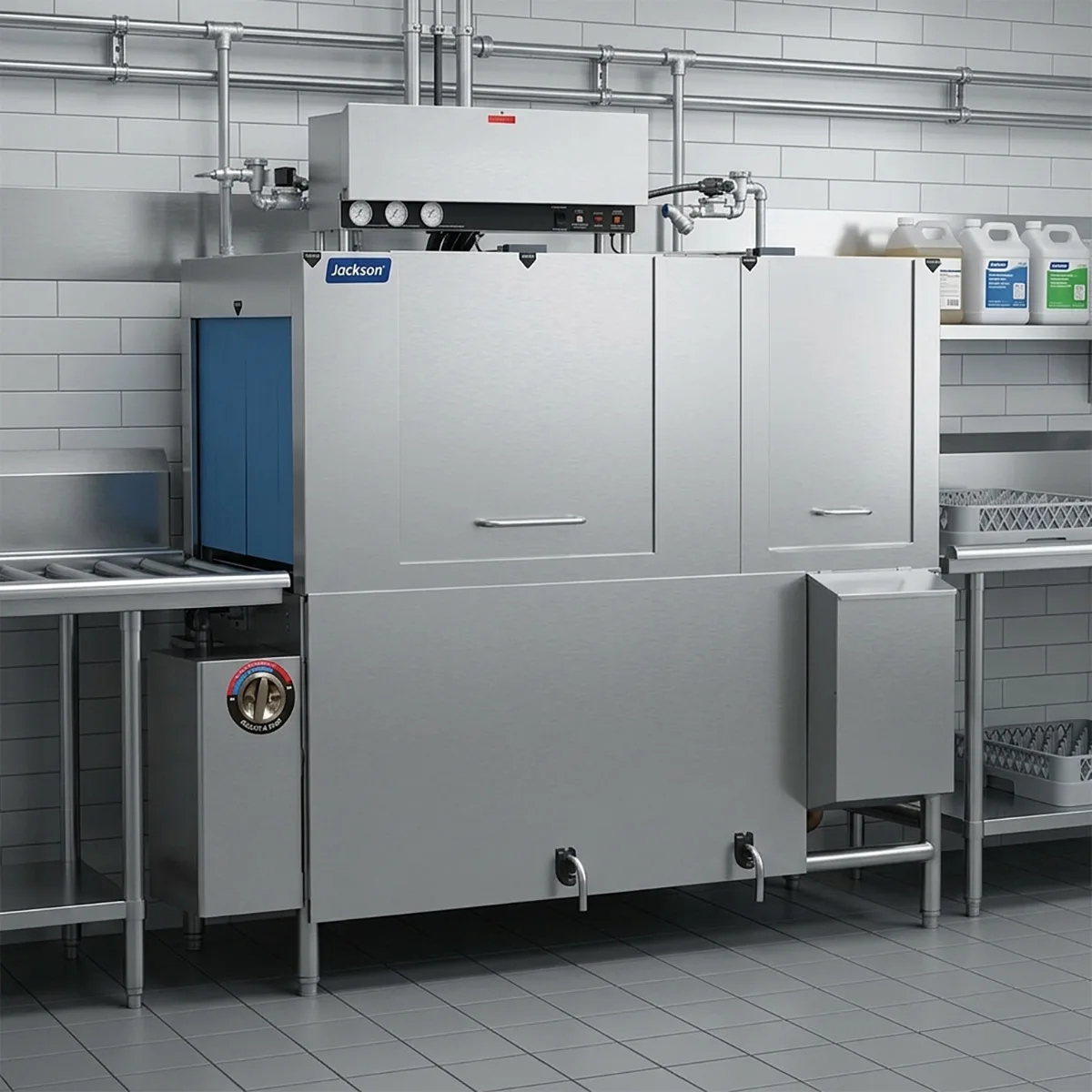 Jackson WWS AJX-66CEL 66" Conveyor Dishwasher, 209 Racks/Hr - 163 Gal/Hr - Low Temp