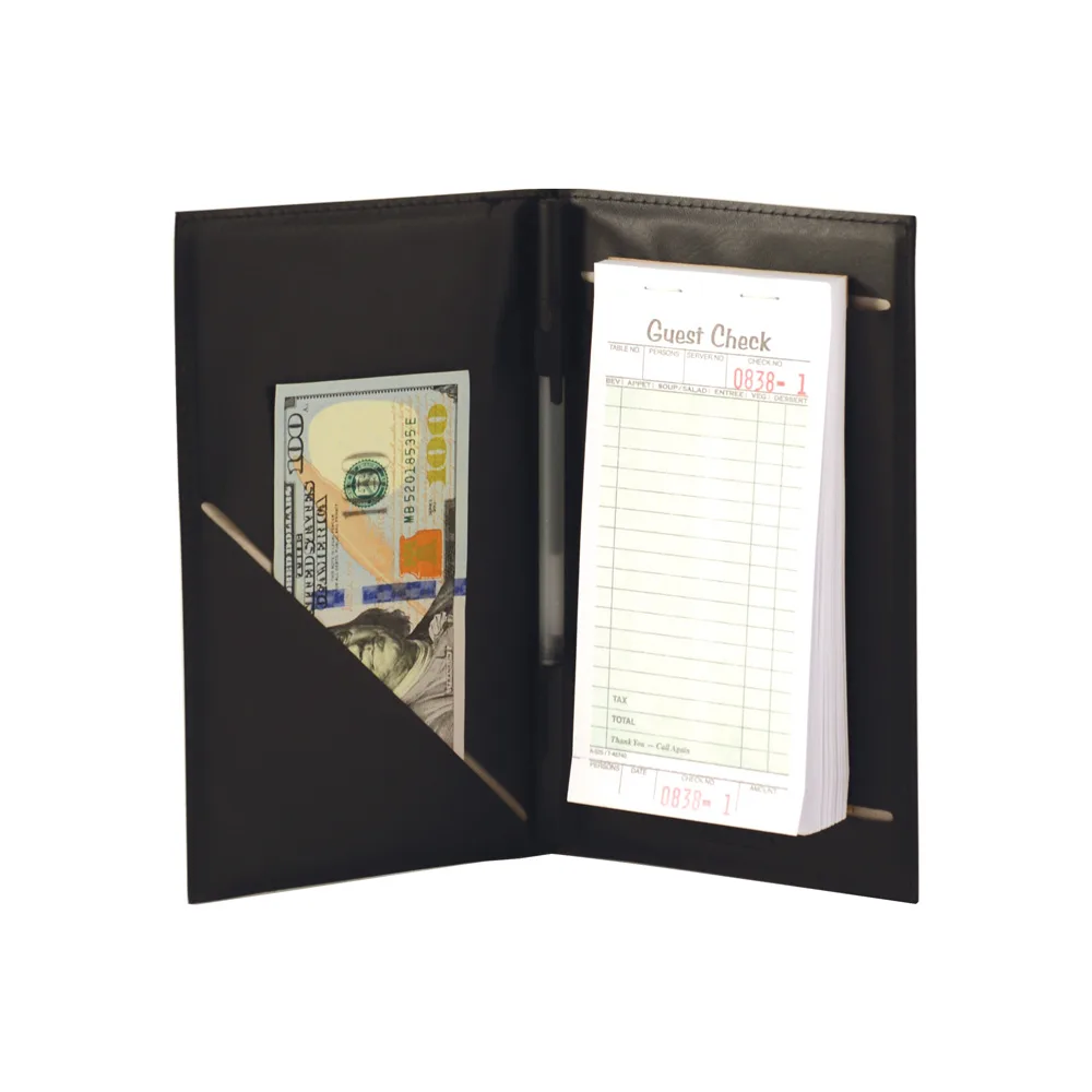 CAC China CKPR-9K Order Holder, 8-1/2" x 5-1/4" Black Check Presenter with Elastic Pen Loop