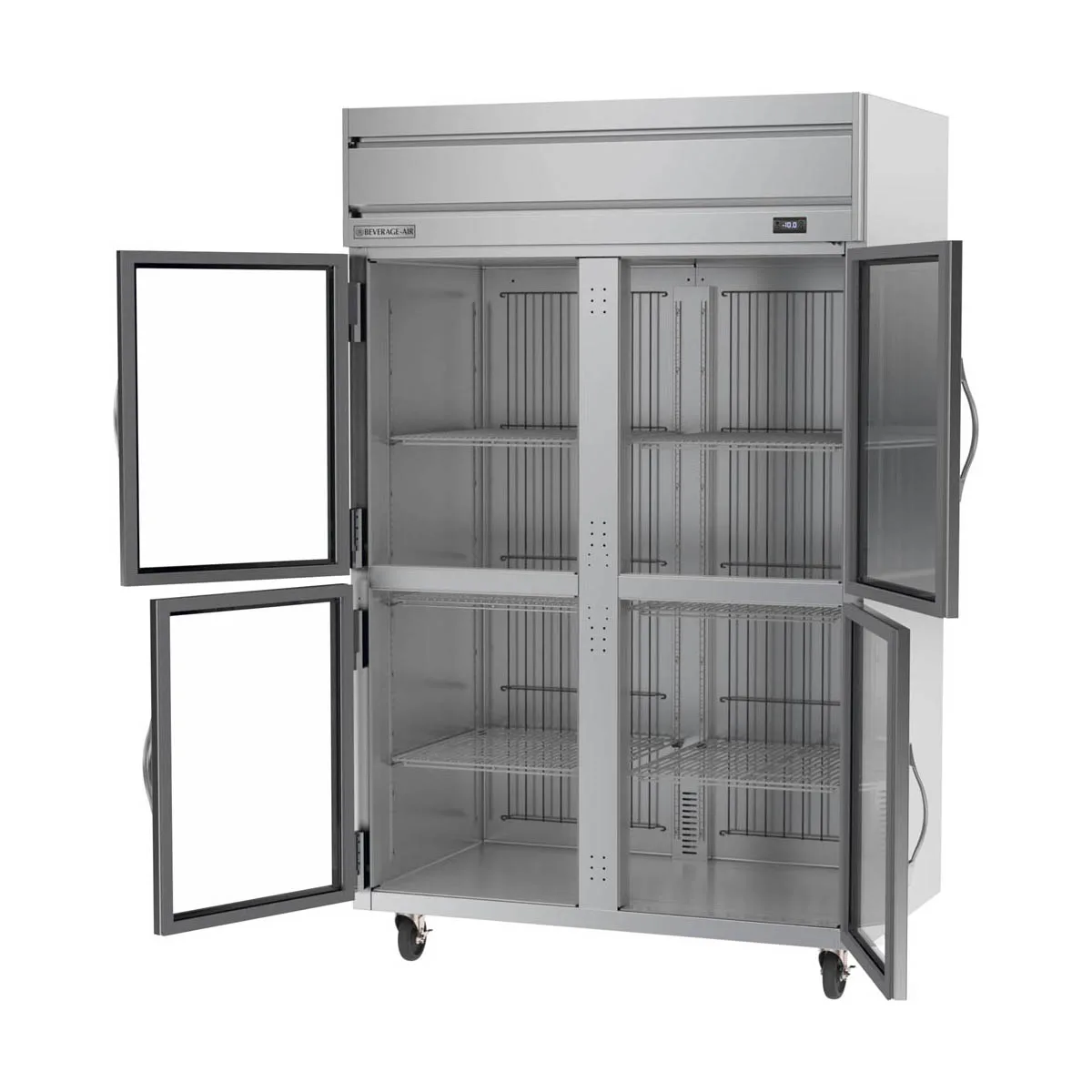 Beverage Air HFPS2HC-1HG 52" 4-Half Glass Door 2-Section Reach-In Freezer, Top Mounted, 46.29 cu. ft., Stainless Steel