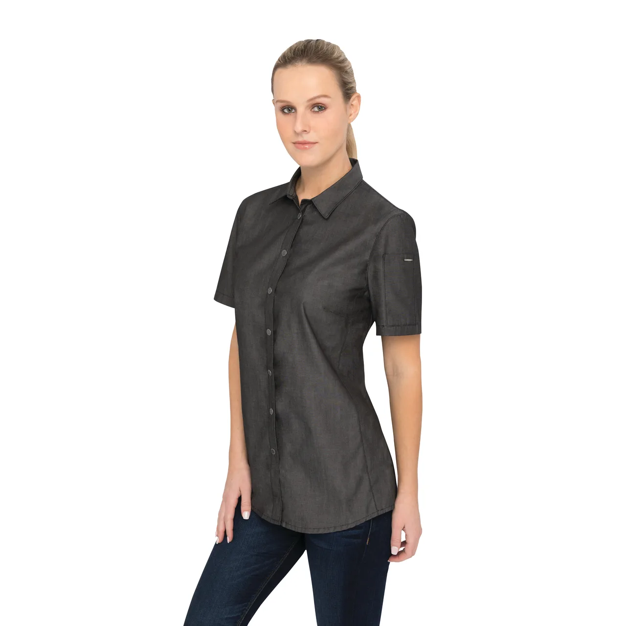 Chef Works SHC03W-BLK-S Women's Cook Shirt, Small Black, Snap Front, 63/37 Cotton/Poly Denim