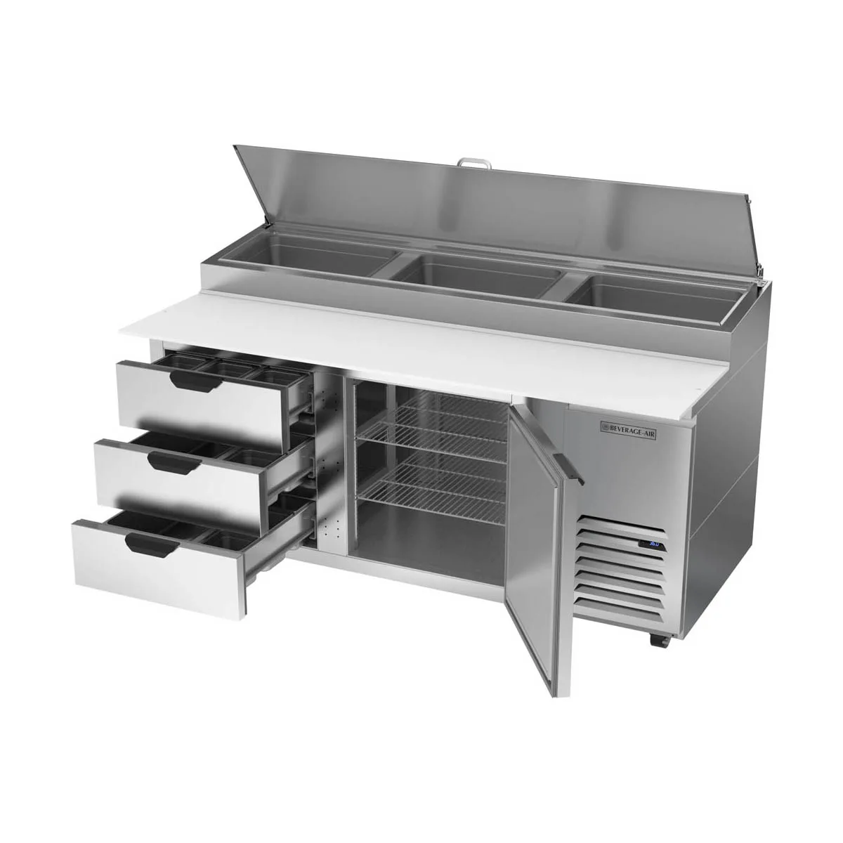 Beverage Air DPD72HC-3 72" 2-Section Refrigerated Pizza Prep Table w/ 1 Door & 3 Drawers