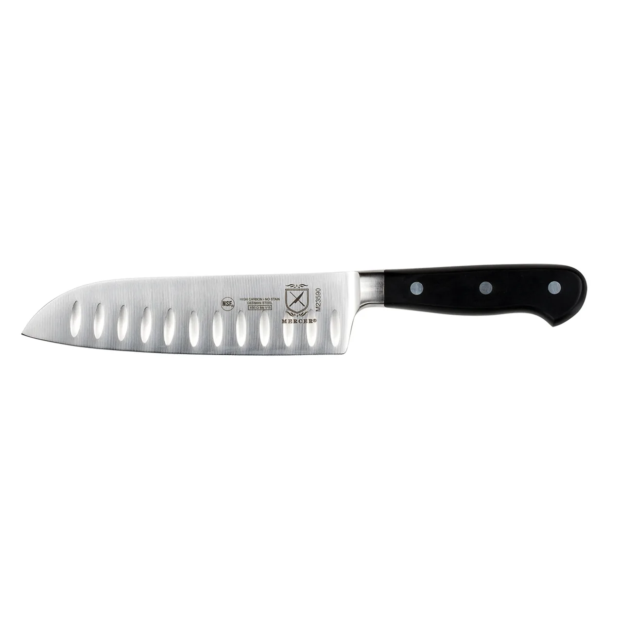 Mercer M23590 Santoku Knife, 7" Granton Edge, Carbon Steel Blade, Triple‑Riveted Delrin Handle, NSF