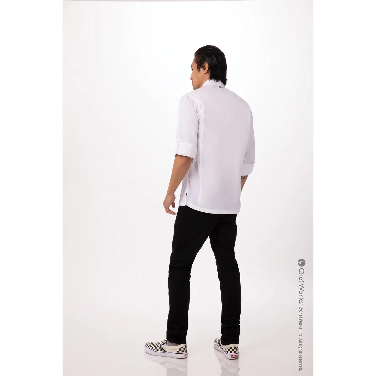Chef Works CBC01-WHT-XS Men’s Bowden Chef Coat, XSmall White, 65/35 Twill, Sleeves, Side Slits