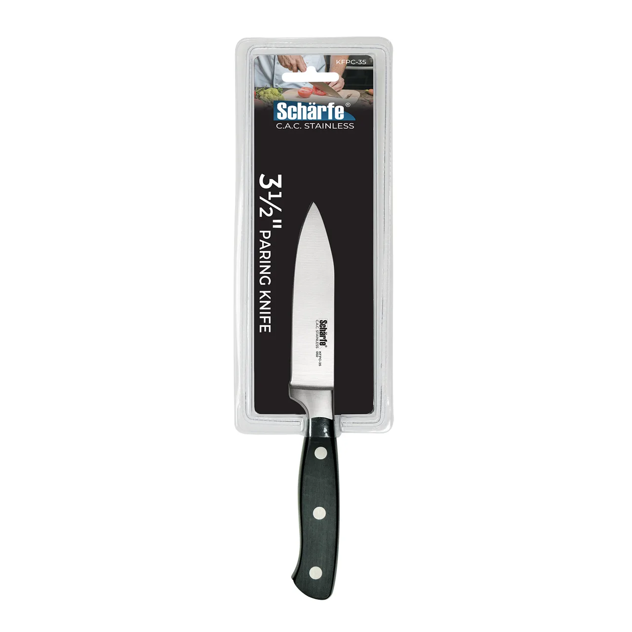 CAC China KFPC-35 Scharfe Paring Knife, 3-1/2" Forged, High-Carbon Steel, Black Handle