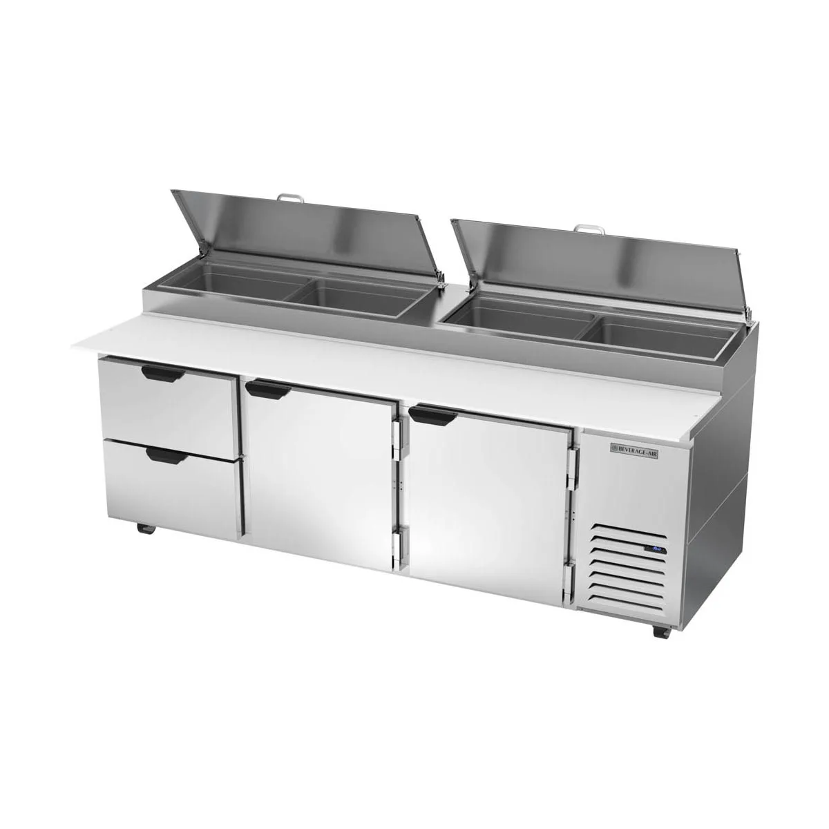 Beverage Air DPD93HC-2 93" 3-Section Refrigerated Pizza Prep Table w/ 2 Doors & 2 Drawers