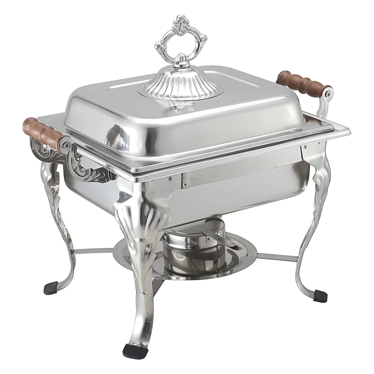 CAC China CAFR-307 Chafing Dish, 4 qt Square, Stainless Steel, Wood Handles, Lift‑Off Lid - Set
