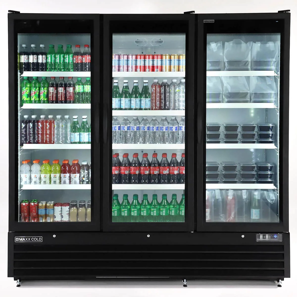 Maxx Cold MXGDM-73RBHC 81" Triple Door Glass Merchandiser, 73 cu ft, 2/3 HP Compressor, Lockable Doors