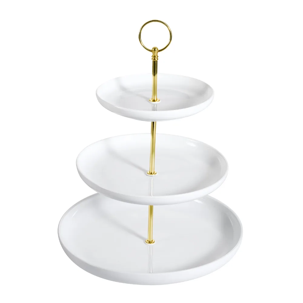 CAC China PTE-C3 - 3‑Tier Round Porcelain Tray, 10" Base, 13¾" H, Super White, Dishwasher Safe - Set