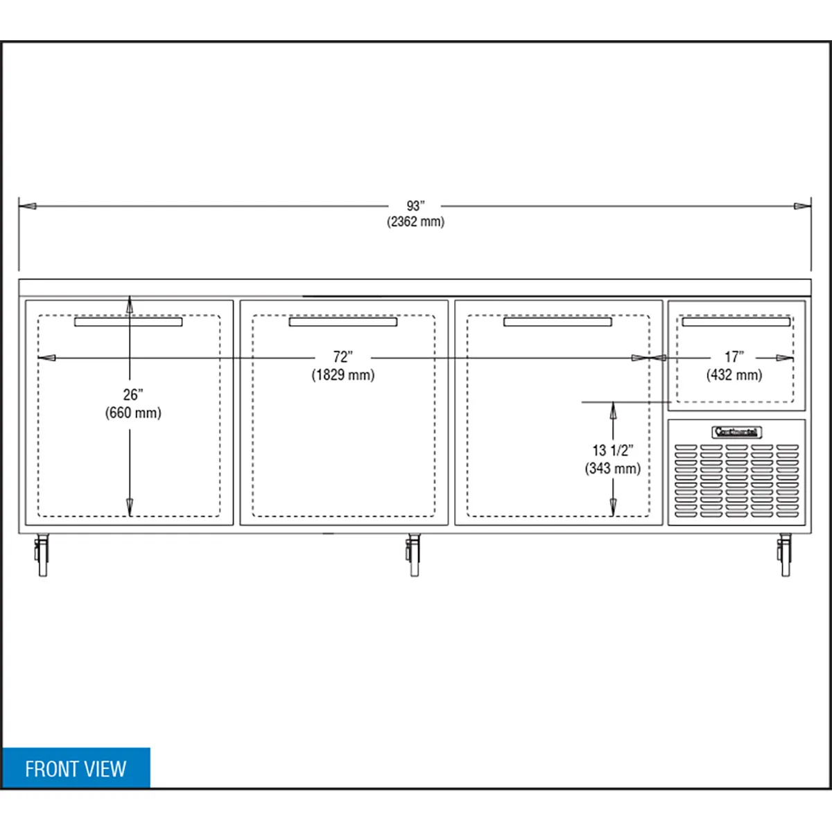 Continental Refrigerator RA93N 93" Worktop Refrigerator w/ 3 Full & 1 Half Doors, Stainless Steel Flat Worktop