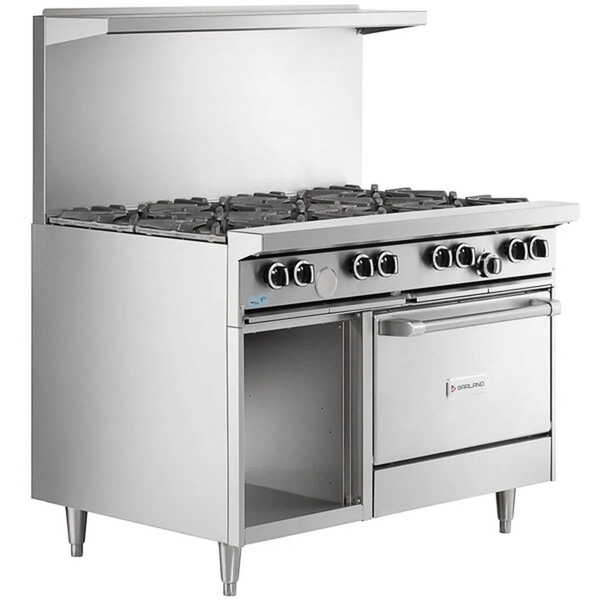 Garland US Range G48-8RS 48" Gas Restaurant Range w/ (8) Open Burners, (1) Standard Oven, (1) Cabinet Base, 302.000 BTU