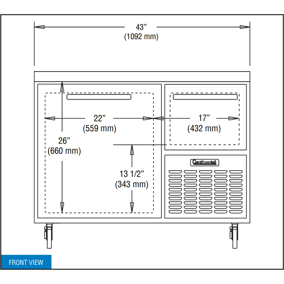 Continental Refrigerator RA43N 43" Worktop Refrigerator w/ 1 Full & 1 Half Doors, 12 cu. ft.