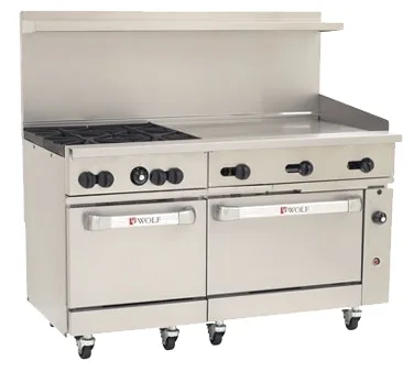 Wolf C60SC-4B36G 60" Gas Restaurant Range w/ (4) Open Burners, 36" Griddle Right, (1) Standard Oven, (1) Convection Oven, 238.000 BTU