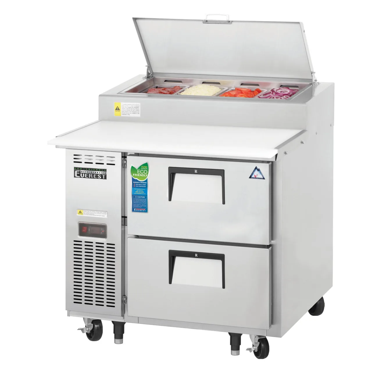 Everest EPPR1-D2 35" 1-Section Refrigerated Pizza Prep Table w/ 2 Drawers, (4) 1/3 Size Pans