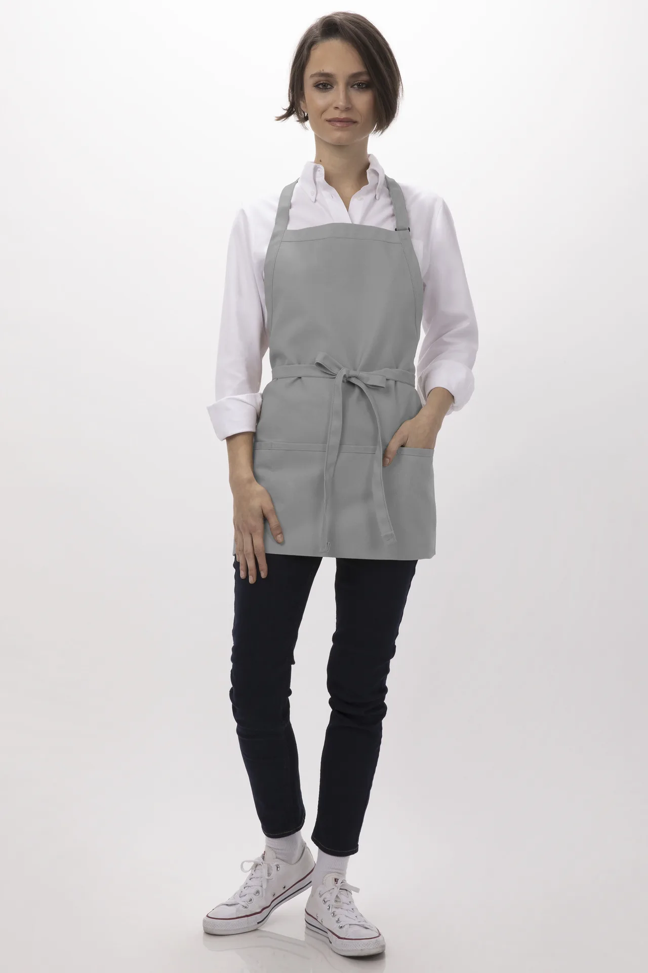 Chef Works F10-GRY-0 Bib Apron, 24"L x 27-1/2"W, Adjustable Neck, 3 Pockets, 65/35 Poly/Cotton, Gray