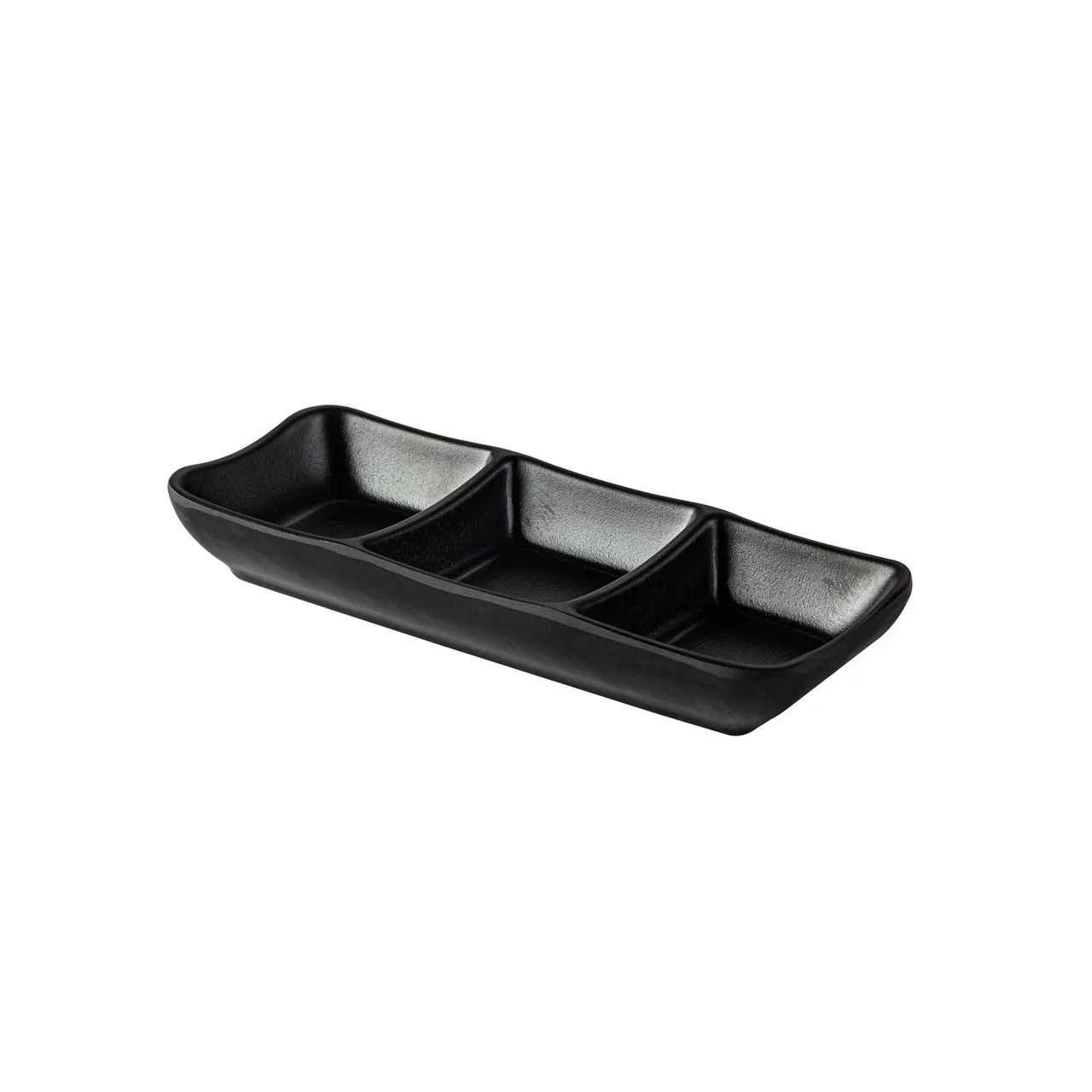 CAC China XCND-3-8MK Dish, 4.5oz, 7-5/8"W x 3-1/4"D x 1-1/8"H, 3-Compartment Black China - Dozen