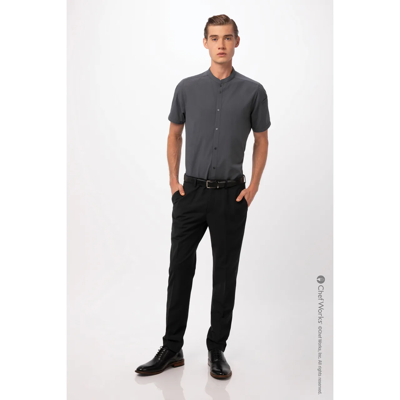 Chef Works SHC08-CHR-L Men's Seersucker Cook Shirt, Large, Charcoal, 65/35 Poly/Cotton