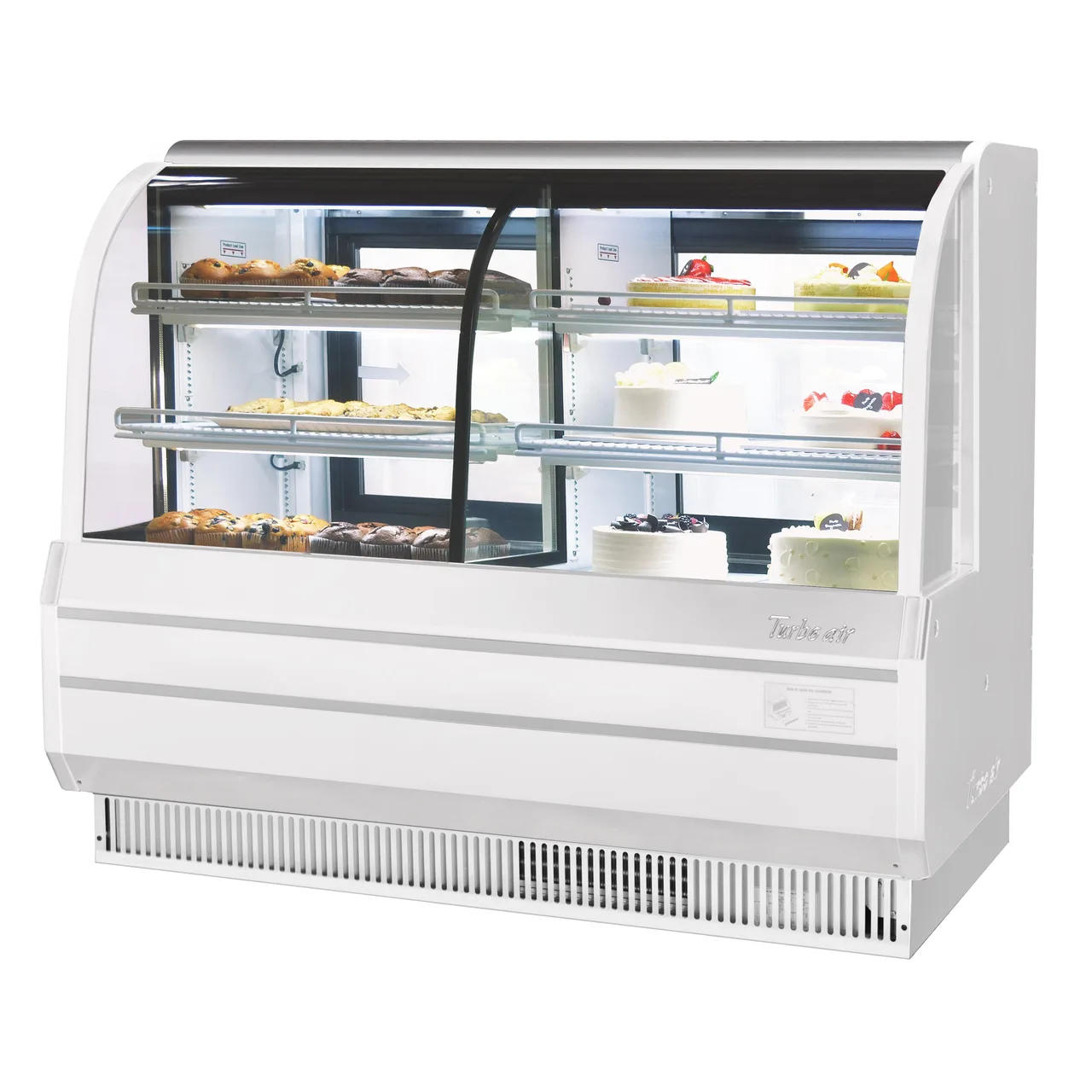 Turbo Air TCGB-60DR-W(B) 60" Full Service Non-Refrigerated Bakery Display Case, Curved Front Tempered Glass, Specify Exterior Color, 2 Shelves - 19.4 cu. ft.