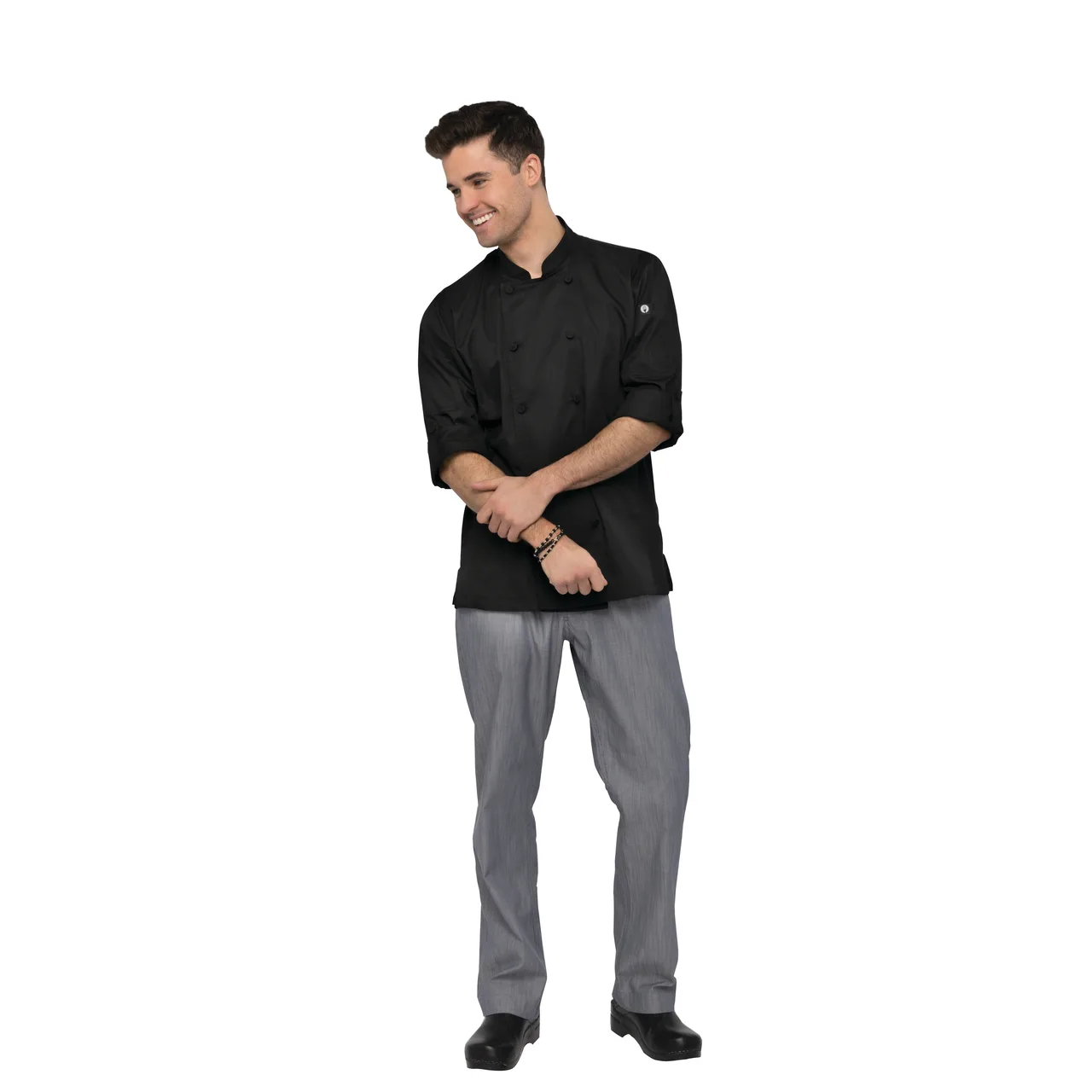 Chef Works CBC01-BLK-2XL Bowden Chef Coat, 2XL Black 65/35 Poly‑Cotton Twill, Roll‑Up Long Sleeves, Cool Vent™ Sides, Apron Holder, Inner Pocket, Modern Fit