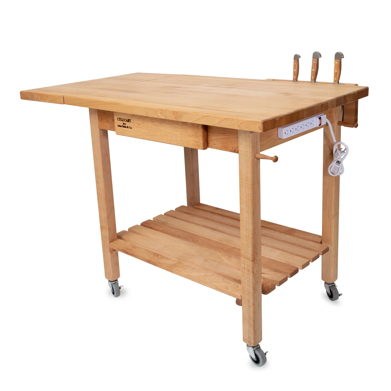 John Boos QCL Deluxe Culi Cart, 48"W x 24"D x 36"H, Northern Hard Rock Maple, 12" Drop Leaf, Wood Legs, Undershelf